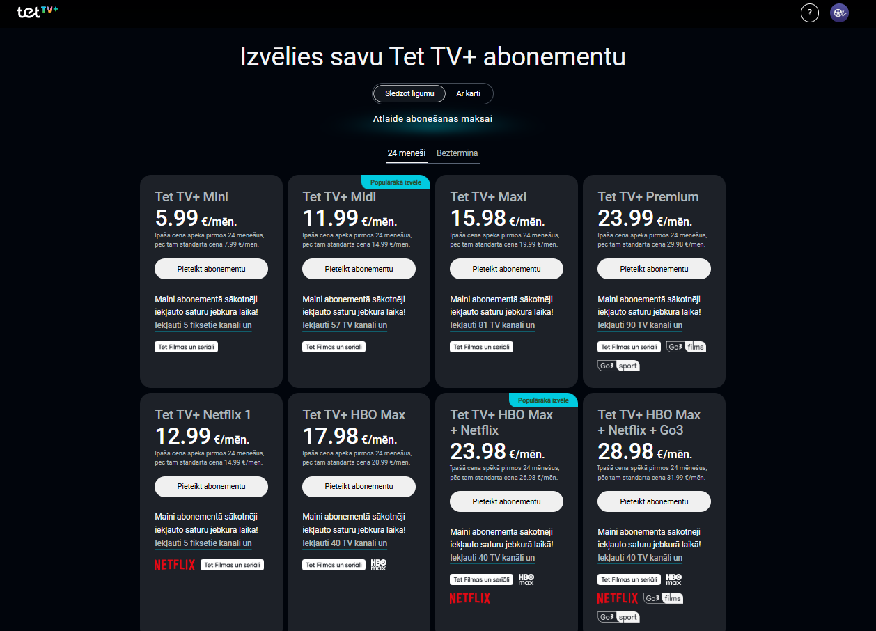 Tabula ar Tet plus abonementu veidiem un to cenām, slēdzot līgumu.