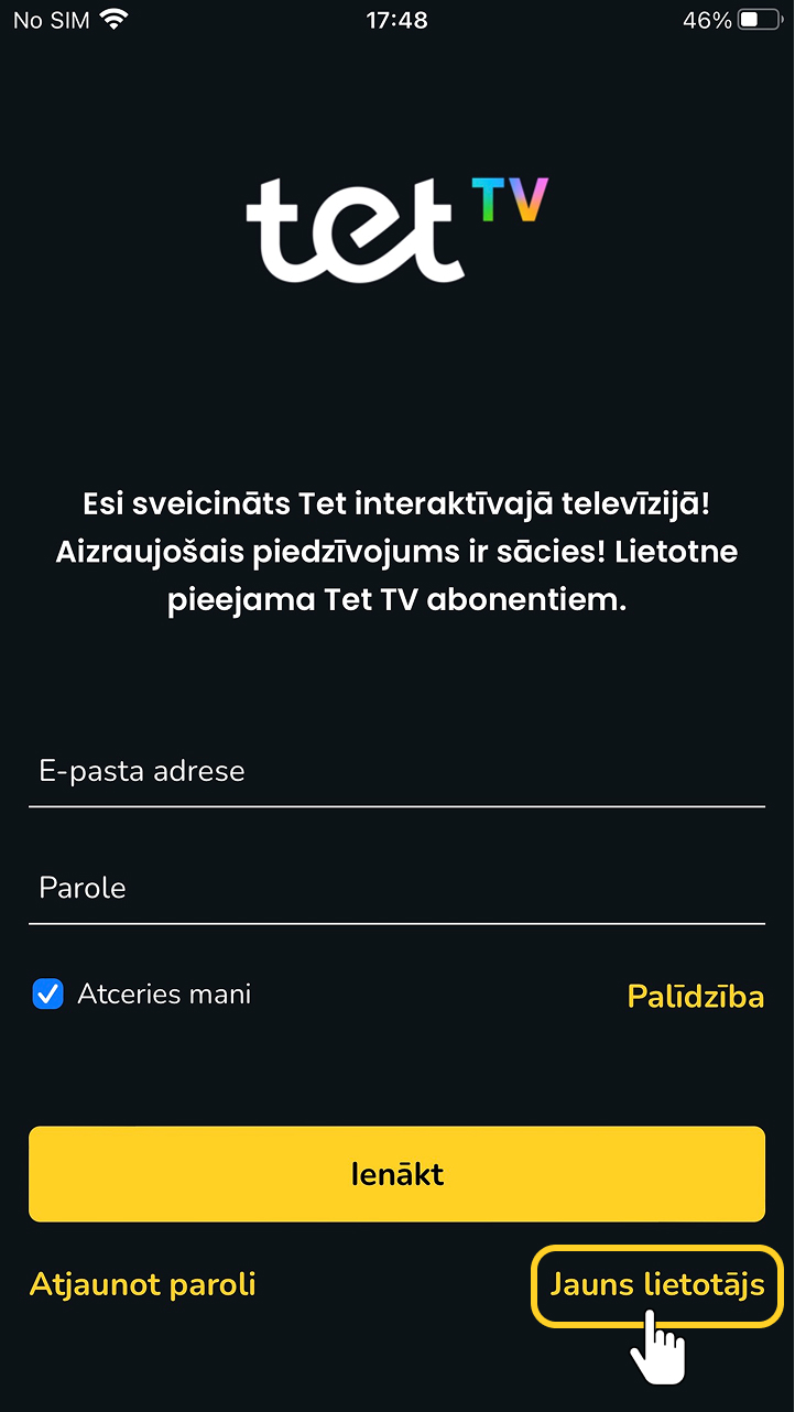 Reģistrācijas skats Tet TV lietotnē