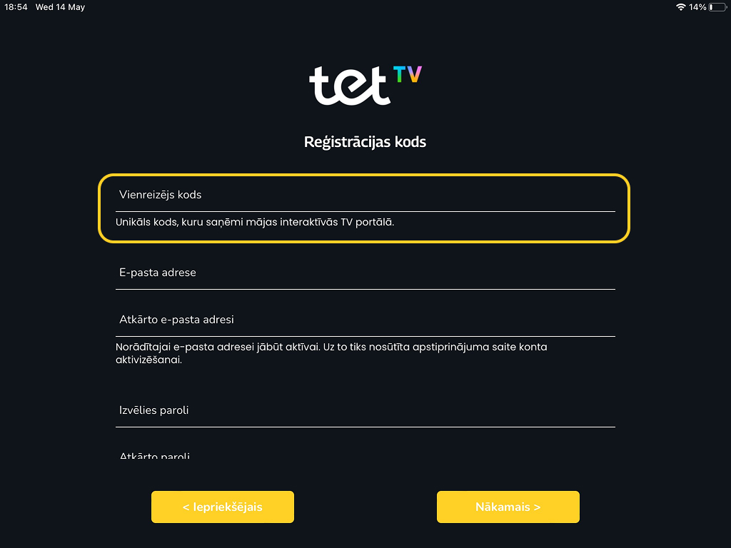 Reģistrācijas skats Tet TV lietotnē