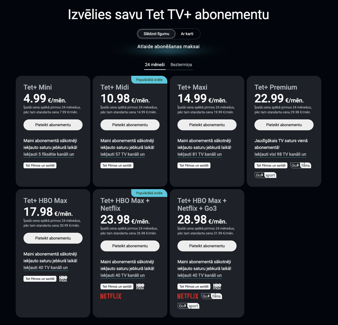 Tabula ar Tet plus abonementu veidiem un to cenām, slēdzot līgumu.