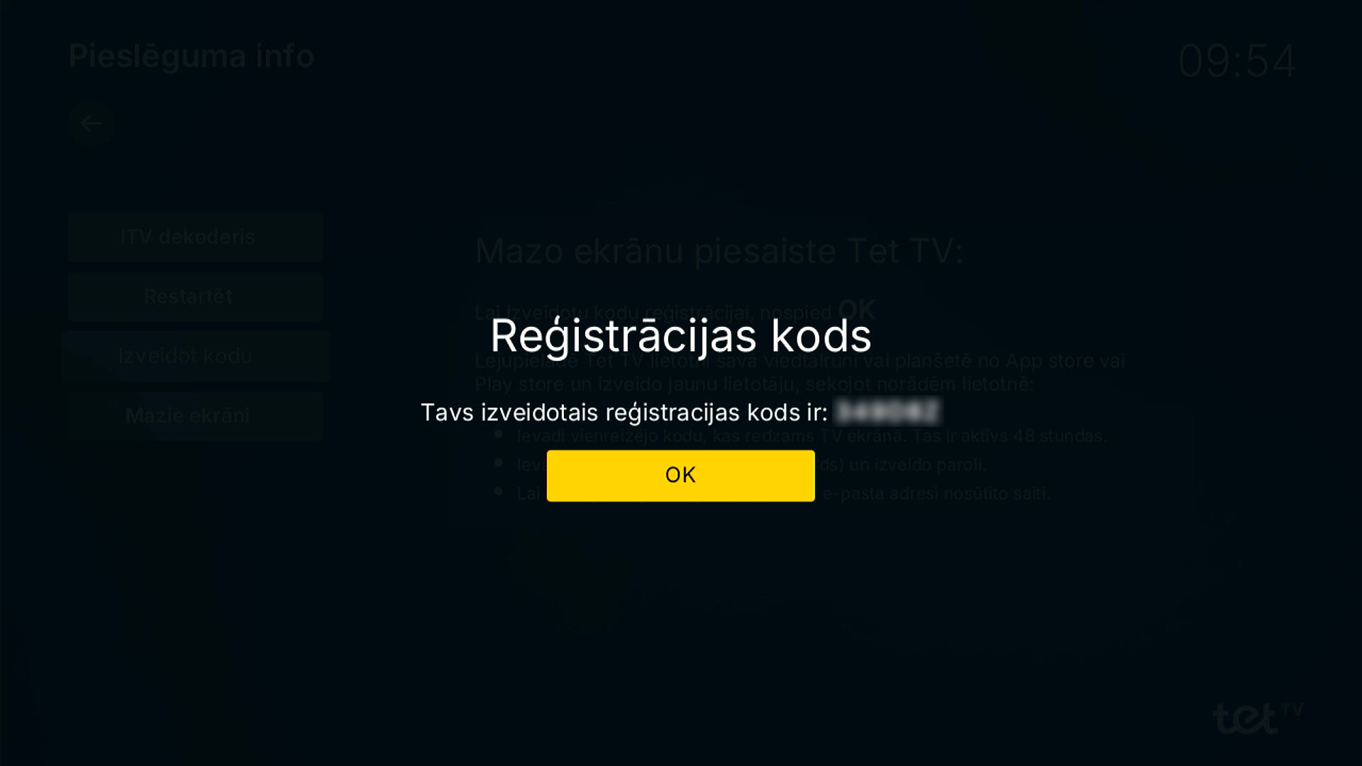 Tet TV skats televizorā, tiek rādīts reģistrācijas kods